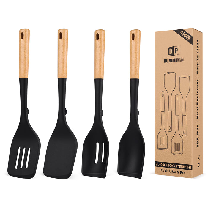 Pack of 4 Silicone Kitchen Utensils Set, Non Stick Solid Spatulas and Heat Resistant Slotted Spoons with Wooden Handle