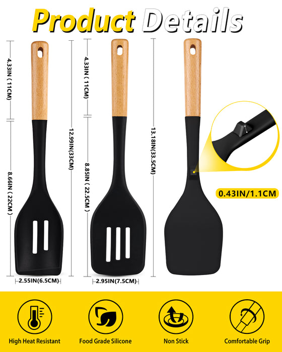Pack of 4 Silicone Kitchen Utensils Set, Non Stick Solid Spatulas and Heat Resistant Slotted Spoons with Wooden Handle