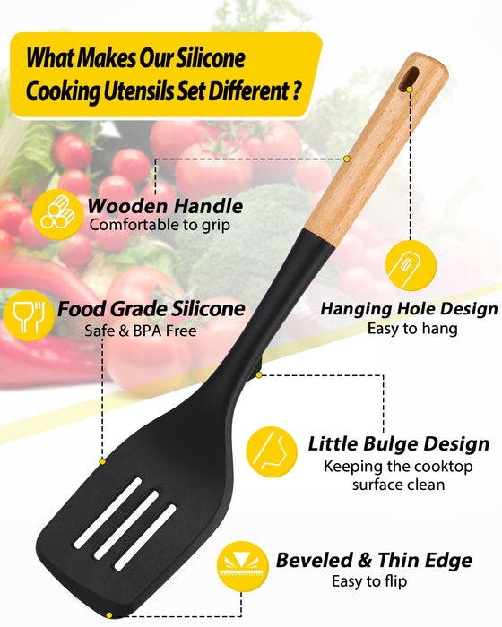 Pack of 4 Silicone Kitchen Utensils Set, Non Stick Solid Spatulas and Heat Resistant Slotted Spoons with Wooden Handle