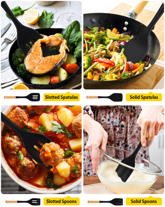 Pack of 4 Silicone Kitchen Utensils Set, Non Stick Solid Spatulas and Heat Resistant Slotted Spoons with Wooden Handle