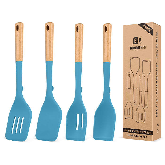 Pack of 4 Silicone Kitchen Utensils Set, Non Stick Solid Spatulas and Heat Resistant Slotted Spoons with Wooden Handle