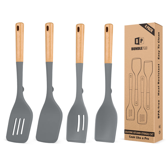 Pack of 4 Silicone Kitchen Utensils Set, Non Stick Solid Spatulas and Heat Resistant Slotted Spoons with Wooden Handle