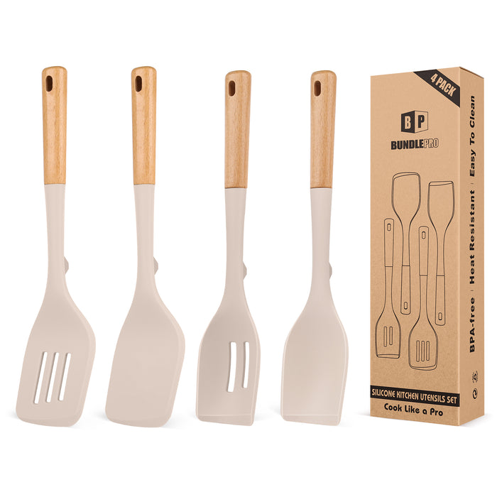 Pack of 4 Silicone Kitchen Utensils Set, Non Stick Solid Spatulas and Heat Resistant Slotted Spoons with Wooden Handle