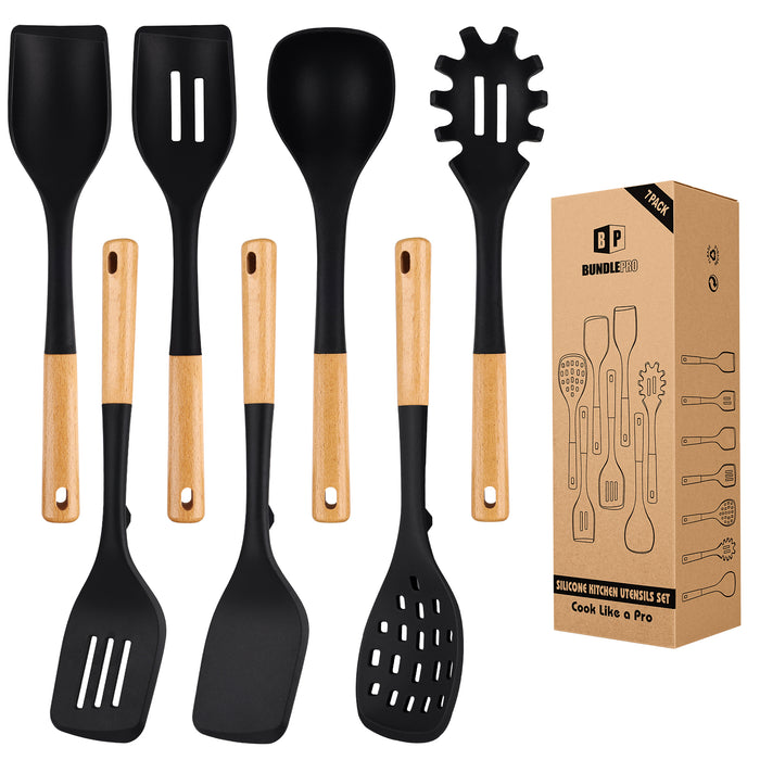 Silicone Kitchen Utensil Set for Non Stick Cookware, 7 Pcs Heat Resistant Cooking Utensils with Wooden Handle