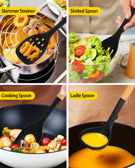 Silicone Kitchen Utensil Set for Non Stick Cookware, 7 Pcs Heat Resistant Cooking Utensils with Wooden Handle