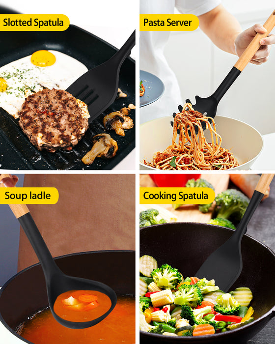 Silicone Kitchen Utensil Set for Non Stick Cookware, 7 Pcs Heat Resistant Cooking Utensils with Wooden Handle