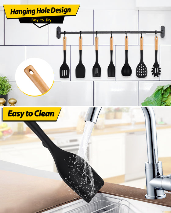 Silicone Kitchen Utensil Set for Non Stick Cookware, 7 Pcs Heat Resistant Cooking Utensils with Wooden Handle