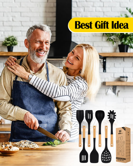 Silicone Kitchen Utensil Set for Non Stick Cookware, 7 Pcs Heat Resistant Cooking Utensils with Wooden Handle