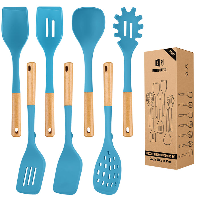 Silicone Kitchen Utensil Set for Non Stick Cookware, 7 Pcs Heat Resistant Cooking Utensils with Wooden Handle