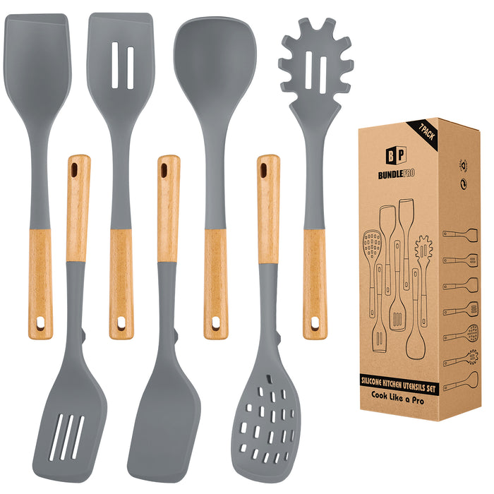 Silicone Kitchen Utensil Set for Non Stick Cookware, 7 Pcs Heat Resistant Cooking Utensils with Wooden Handle