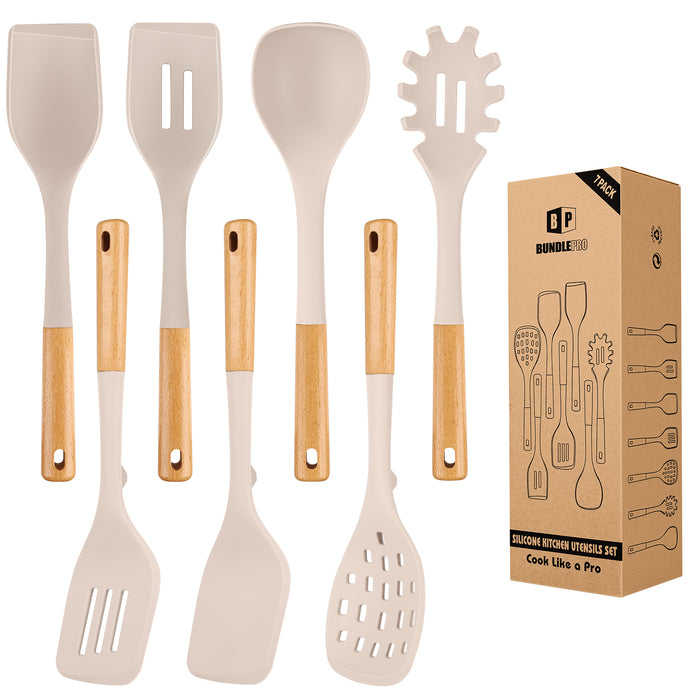 Silicone Kitchen Utensil Set for Non Stick Cookware, 7 Pcs Heat Resistant Cooking Utensils with Wooden Handle