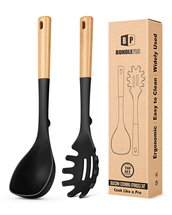 Silicone Soup Ladle and Spaghetti Spoon Set with Wooden Handle