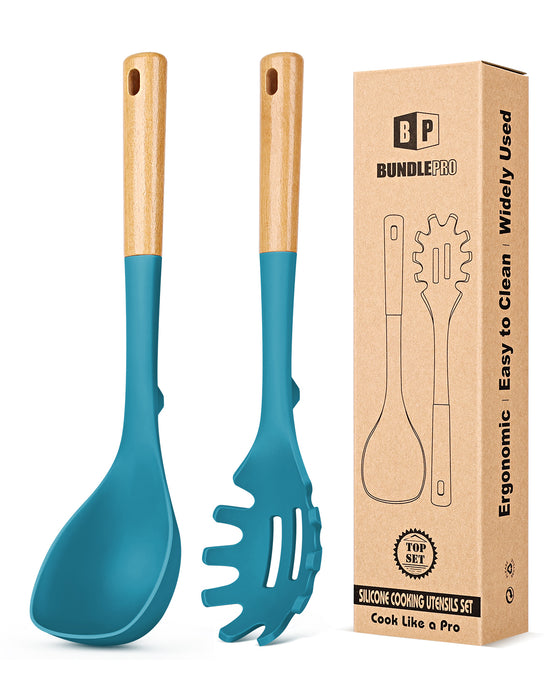 Silicone Soup Ladle and Spaghetti Spoon Set with Wooden Handle