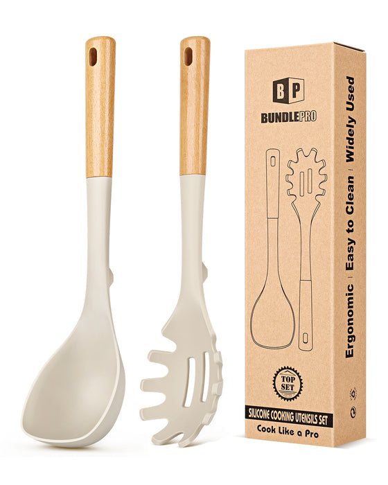 Silicone Soup Ladle and Spaghetti Spoon Set with Wooden Handle