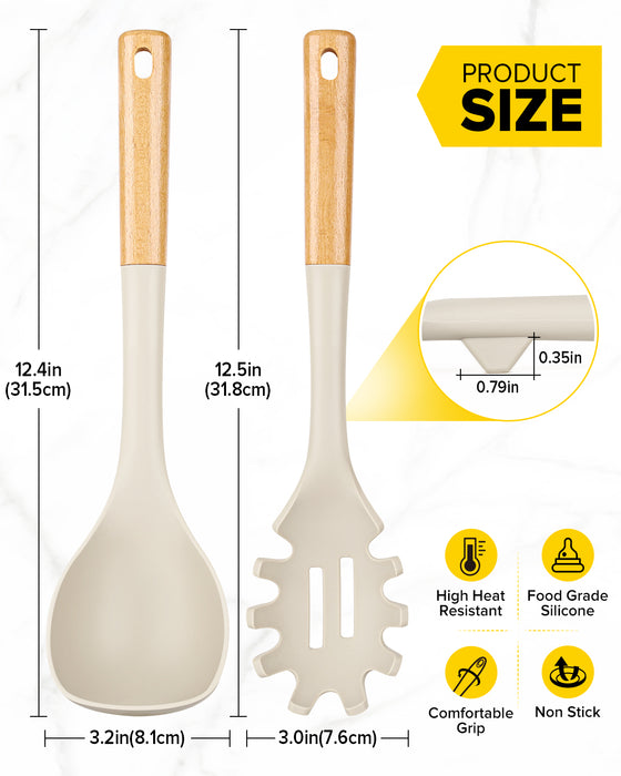 Silicone Soup Ladle and Spaghetti Spoon Set with Wooden Handle