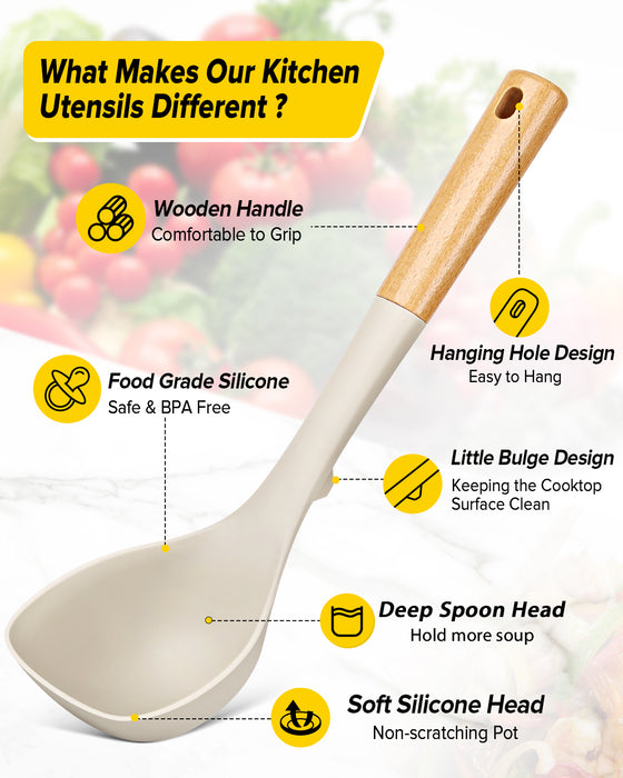 Silicone Soup Ladle and Spaghetti Spoon Set with Wooden Handle