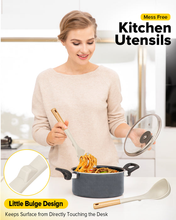 Silicone Soup Ladle and Spaghetti Spoon Set with Wooden Handle