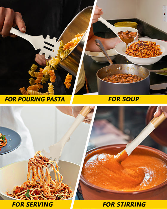 Silicone Soup Ladle and Spaghetti Spoon Set with Wooden Handle
